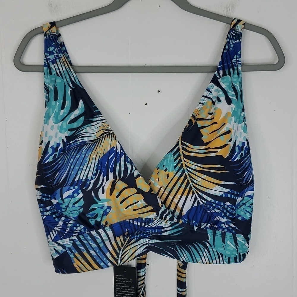 Hanna Nikole Bikini Top Triangle Tropical Leaves Padded Cups Tie Back Womens 22W